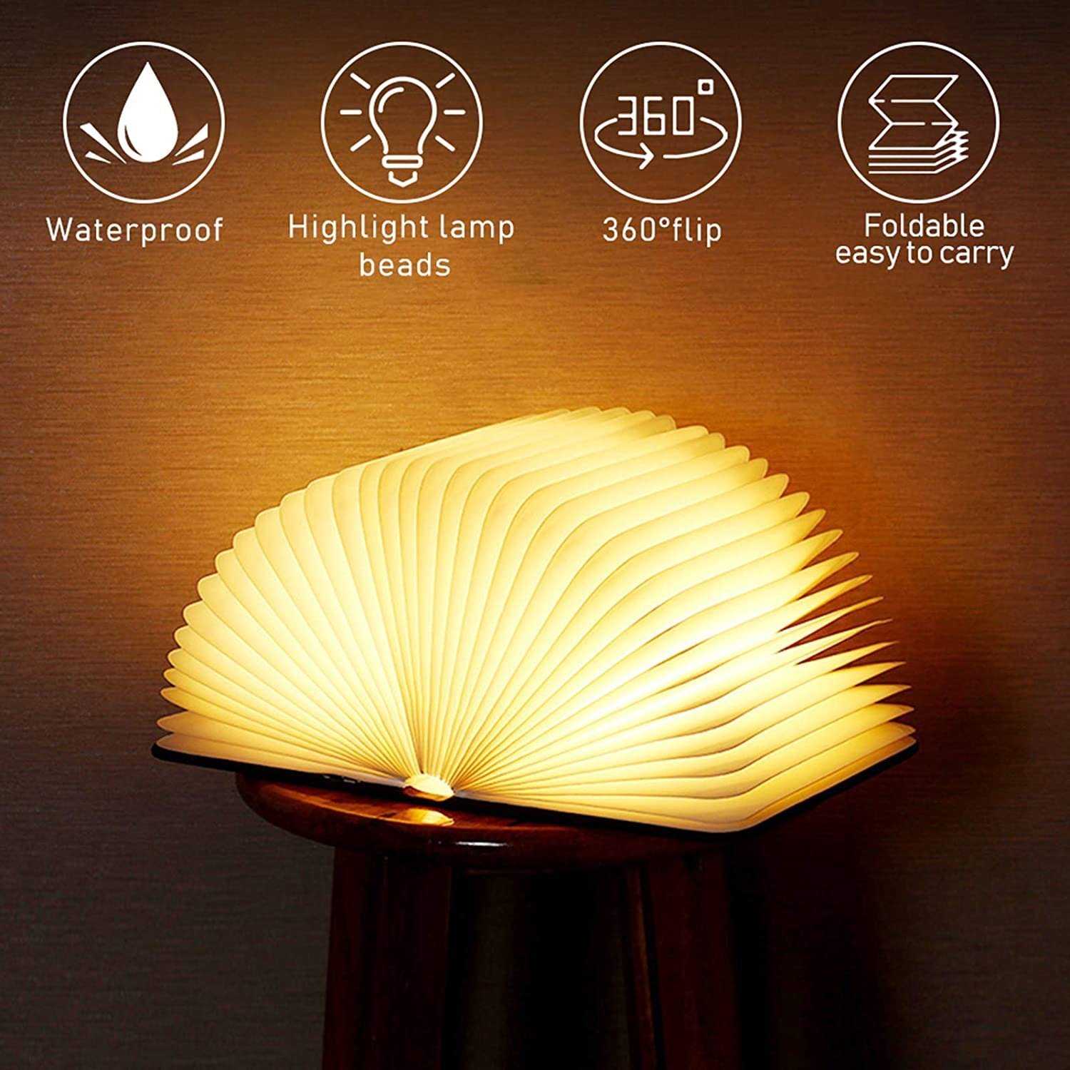 Livre lumineux LED pliable en bois 5 Modes d'éclairage rechargeable
