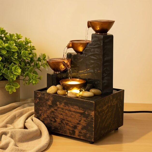 Fontaine à eau cascade avec éclairage LED pour décoration intérieure et ambiance V1