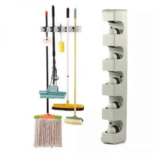 Porte-balai mural à 5 positions et 6 crochets, cintre de rangement pour étagère de cuisine