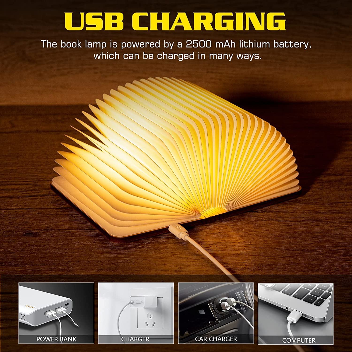 Livre lumineux LED pliable en bois 5 Modes d'éclairage rechargeable - الصورة 2