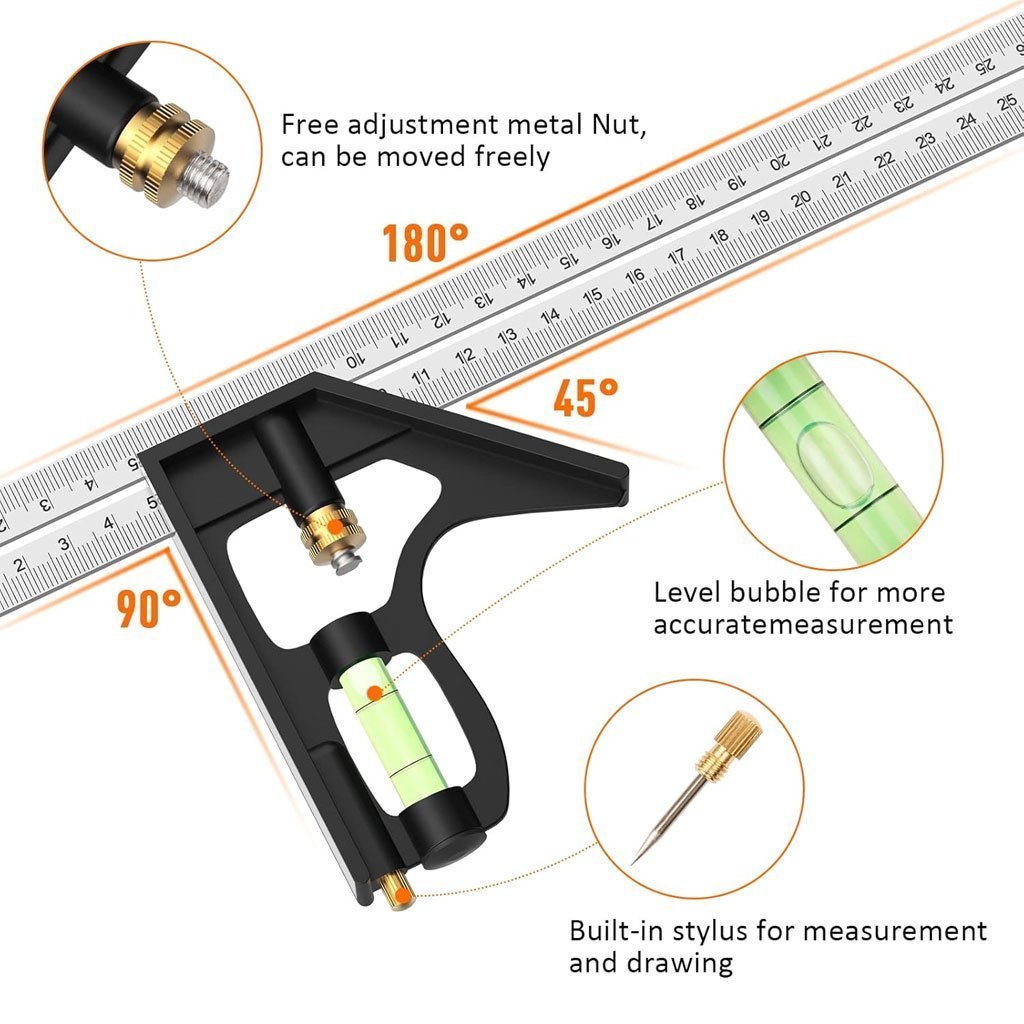 Outils de Menuiserie Carrée en Acier Inoxydable de 12'/300 mm, Règle de 45/90 Degrés avec Niveau à Bulle. - الصورة 3