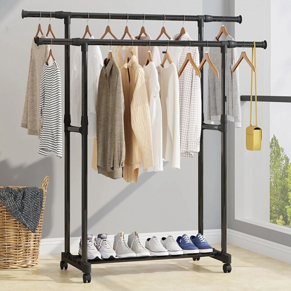 Penderie Mobile Double Barres Extensible Hauteur réglable avec 4 Roulettes V6 - الصورة 4
