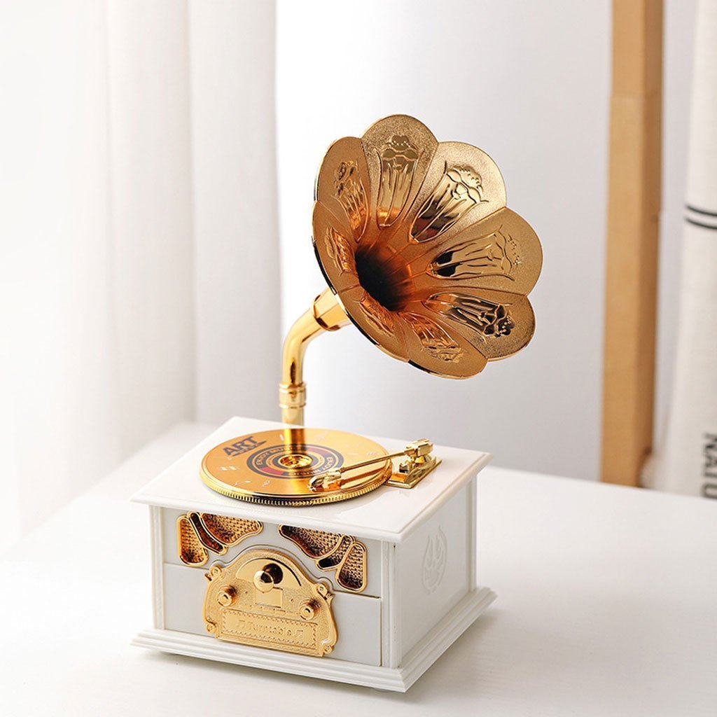 Phonographe trompette dorée et boîte à Bijoux Décorative – صندوق موسيقي - الصورة 6