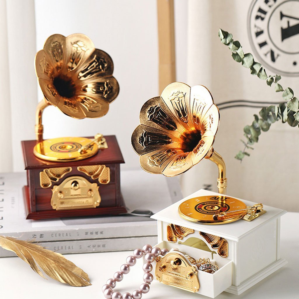 Phonographe trompette dorée et boîte à Bijoux Décorative – صندوق موسيقي - الصورة 5