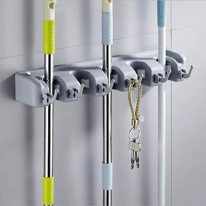 Porte-balai mural à 5 positions et 6 crochets, cintre de rangement pour étagère de cuisine - الصورة 6