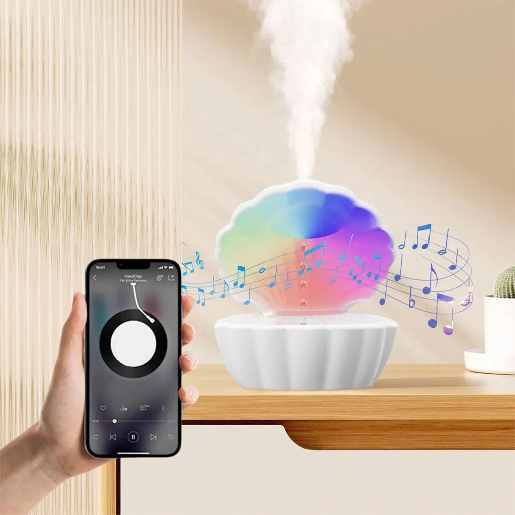 Humidificateur d’air et Haut Parleur BT avec lumière d’ambiance antigravité 550ml – مكبر صوت ومعطر جو على شكل محار البحر - الصورة 4