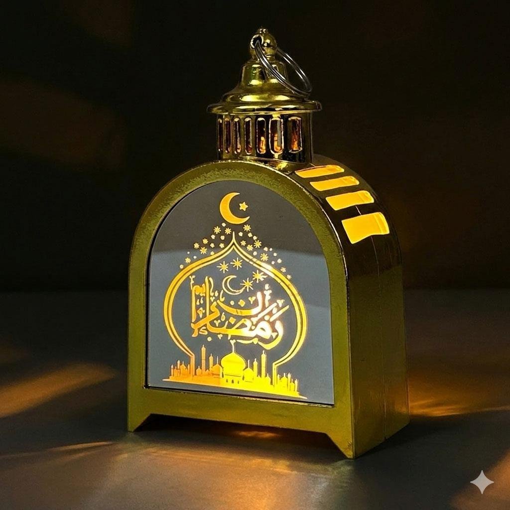Lanterne de Ramadan Dorée LED Design Traditionnel avec Silhouette – فانوس مضيء لشهر رمضان - الصورة 5