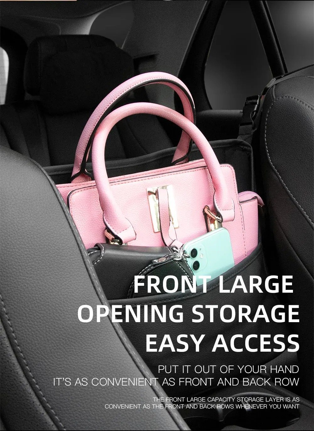 Sac de rangement en cuir pour siège de voiture, cintre central, sac à main automatique, support entre les sièges, poches pour gobelets à eau en tissu, évaluation de rangement - الصورة 3