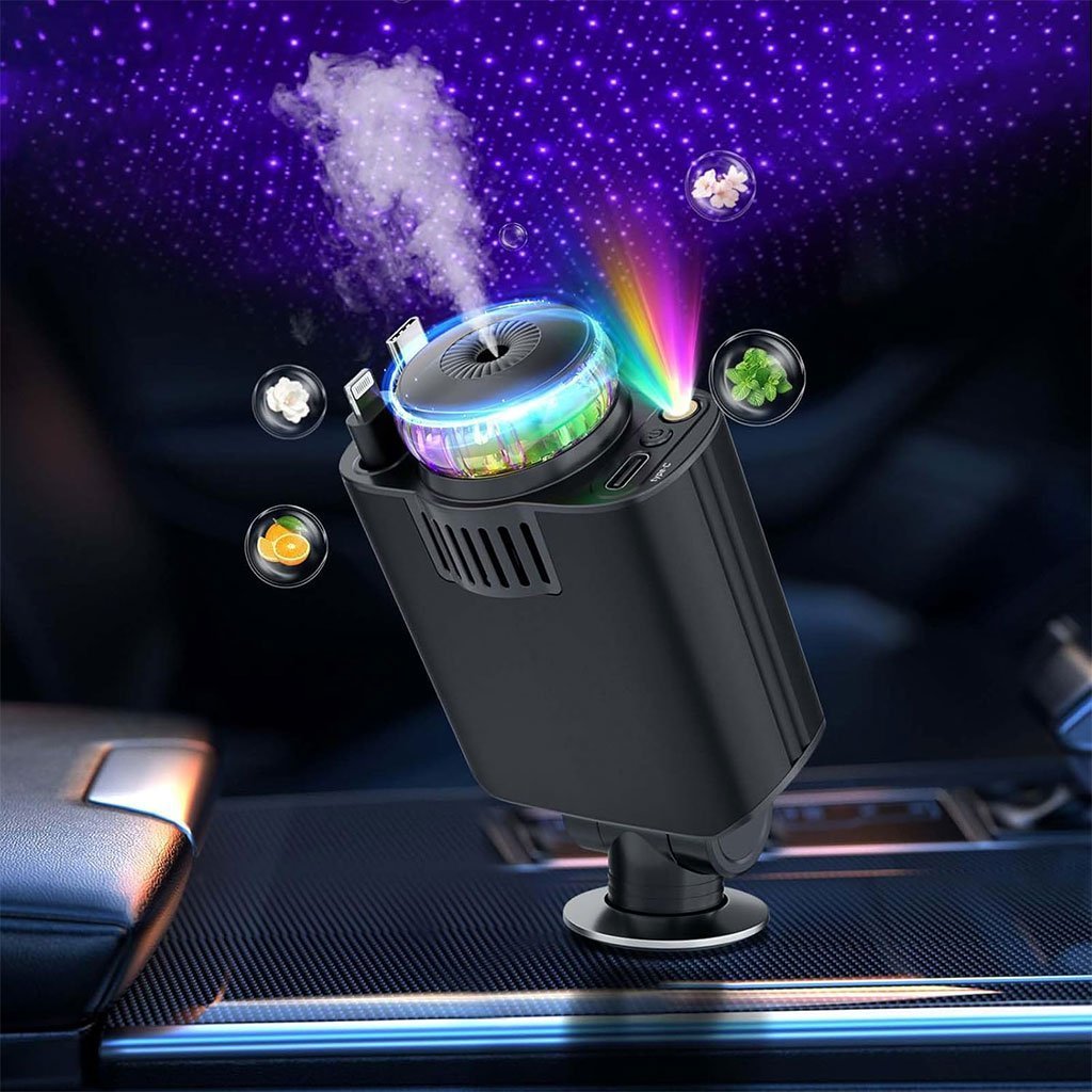 Chargeur voiture rétractable 5 en 1 avec aromathérapie et lumière des étoiles – شاحن سريع للسيارة مع معطر - الصورة 2