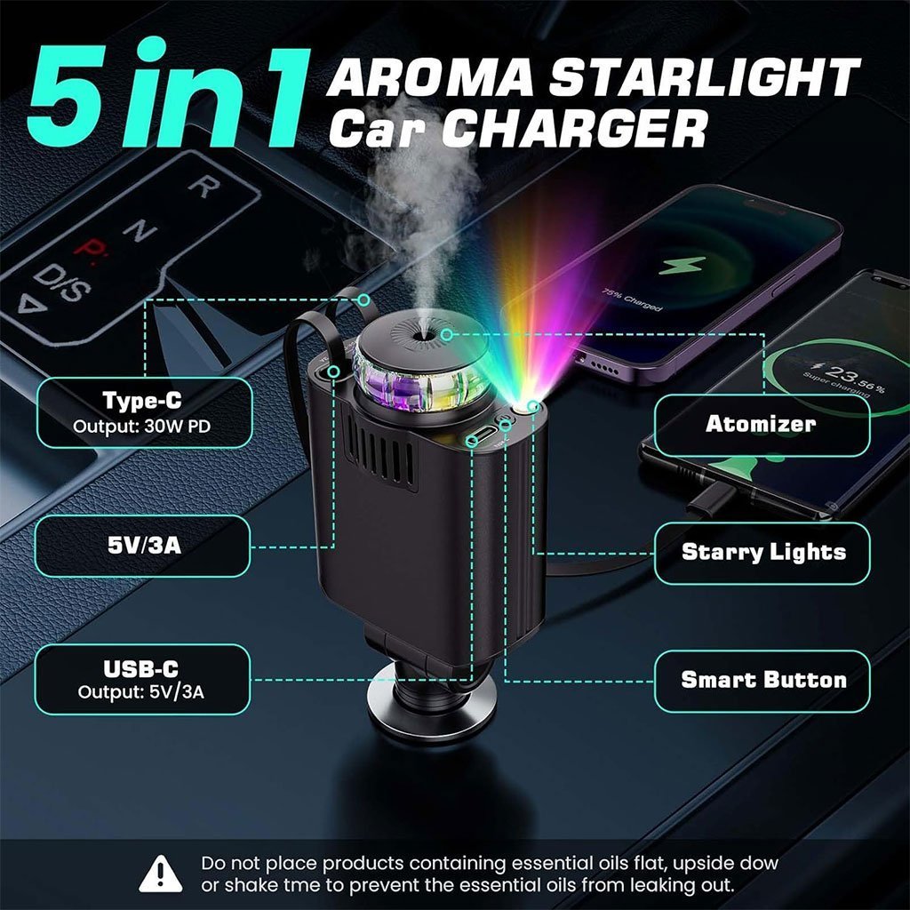 Chargeur voiture rétractable 5 en 1 avec aromathérapie et lumière des étoiles – شاحن سريع للسيارة مع معطر - الصورة 3