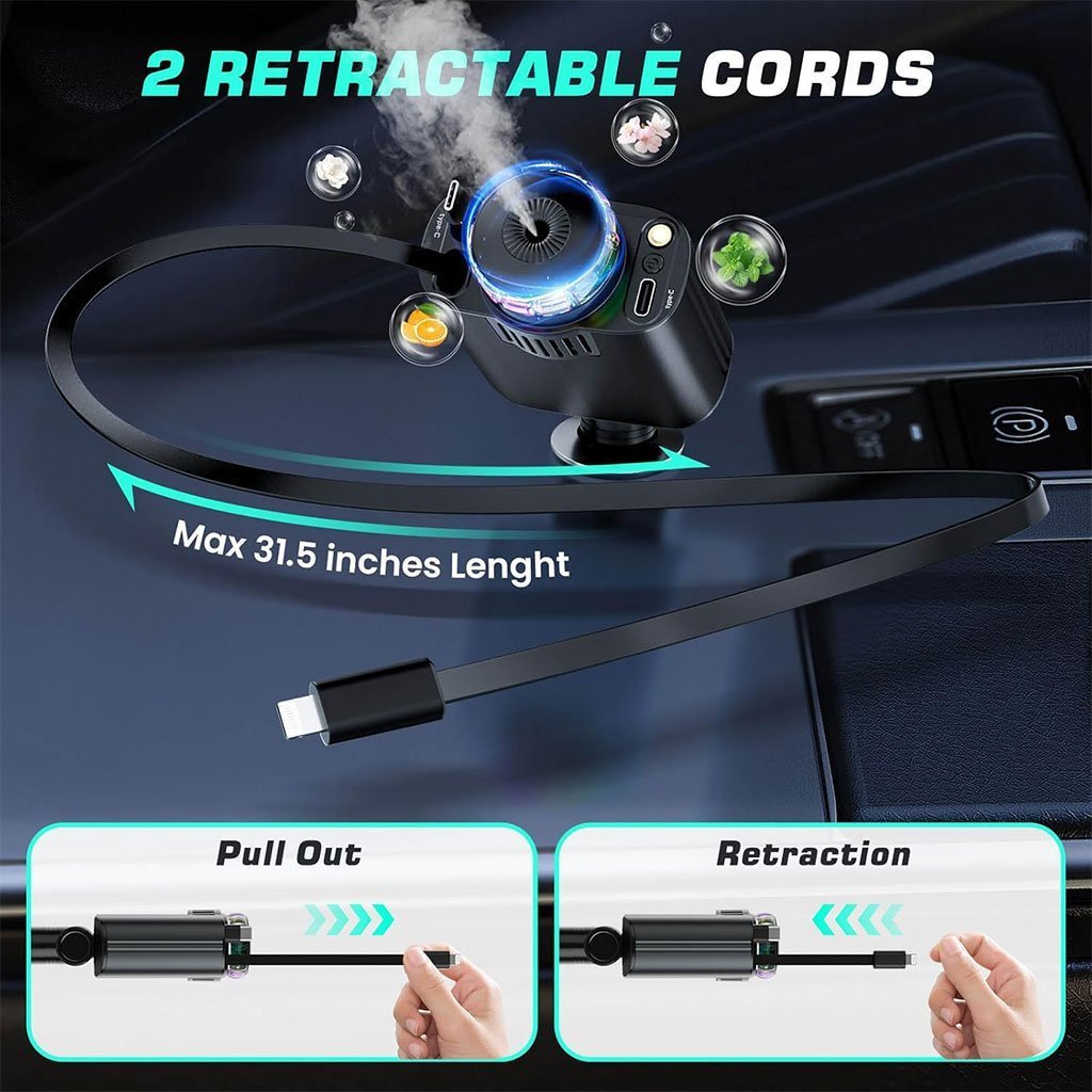 Chargeur voiture rétractable 5 en 1 avec aromathérapie et lumière des étoiles – شاحن سريع للسيارة مع معطر - الصورة 4