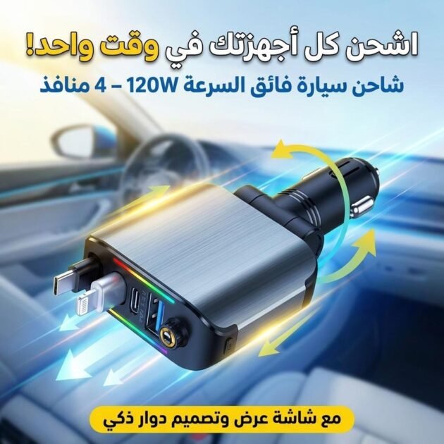 Chargeur Voiture 4en1 Rétractable 120W avec toit Starlight pour téléphones iOS et Android- شاحن سيارة متعدد المنافذ