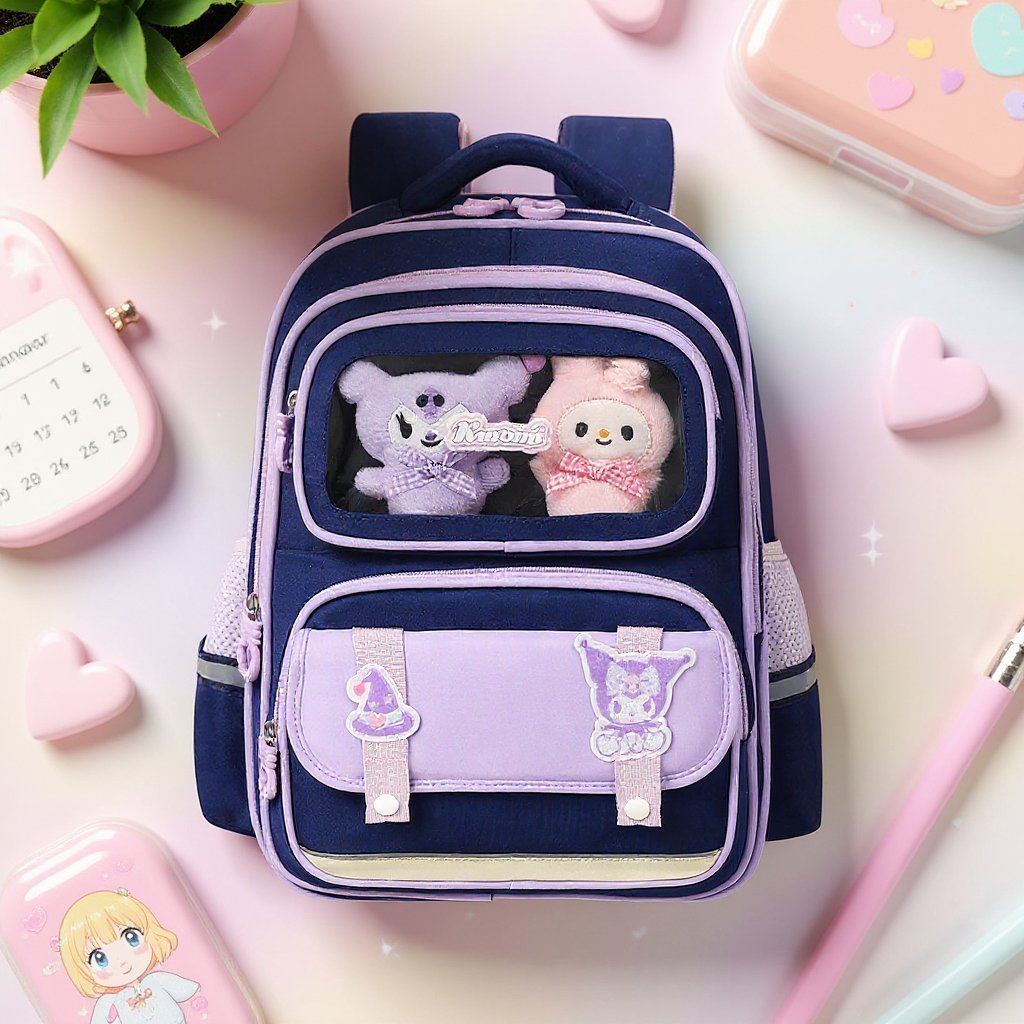 Sac à Dos Enfant Ludique avec Plusieurs Compartiment et un Peluche LM-5122 Bleu Nuit et Mauve – حقيبة ظهر للأطفال أزرق ليلي وبنفسجي - الصورة 2