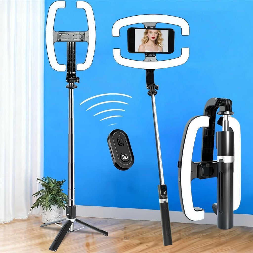 عصا سيلفي قابلة للتمديد مع حامل للهاتف وإضاءة