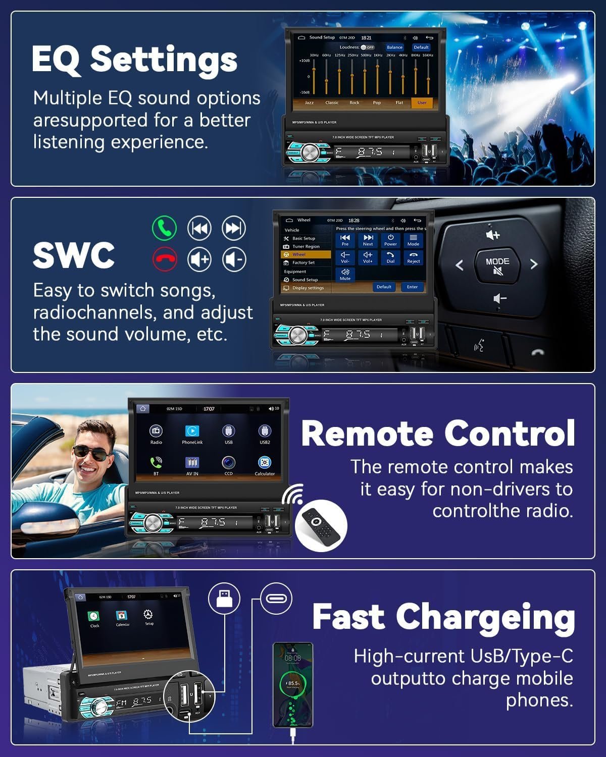 Autoradio Rétractable Tactile 7 Pouces Wireless CarPlay Android Auto 32+2GB - راديو السيارة الذكي بنظام أندرويد وشاشة 7 بوصة قابلة للطي - الصورة 10