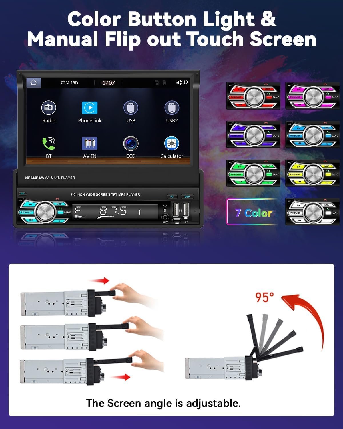 Autoradio Rétractable Tactile 7 Pouces Wireless CarPlay Android Auto 32+2GB - راديو السيارة الذكي بنظام أندرويد وشاشة 7 بوصة قابلة للطي - الصورة 3