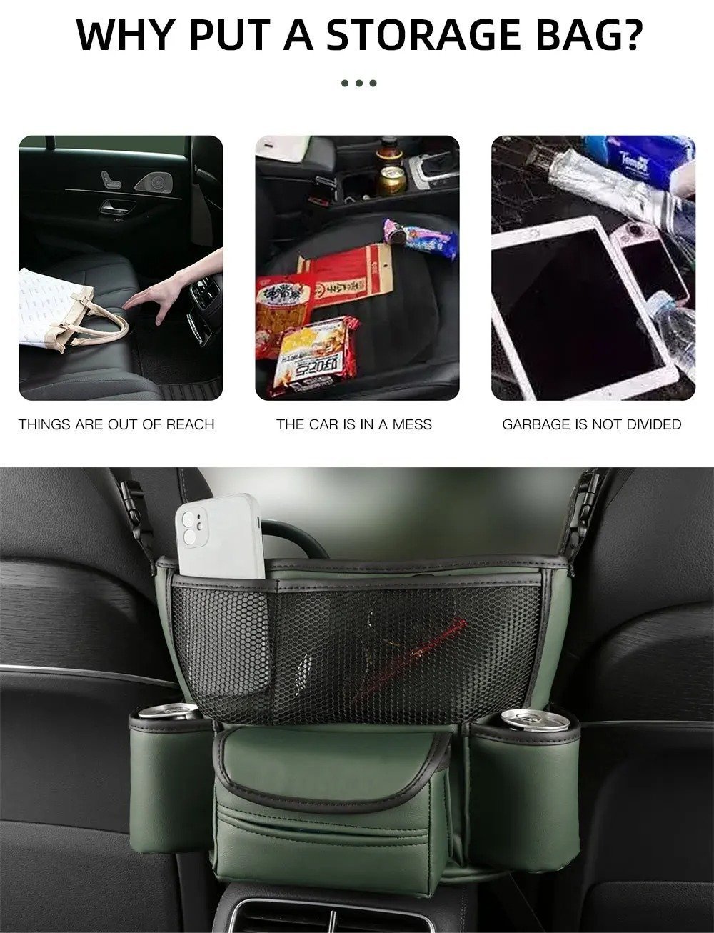 Sac de rangement en cuir pour siège de voiture, cintre central, sac à main automatique, support entre les sièges, poches pour gobelets à eau en tissu, évaluation de rangement - الصورة 4
