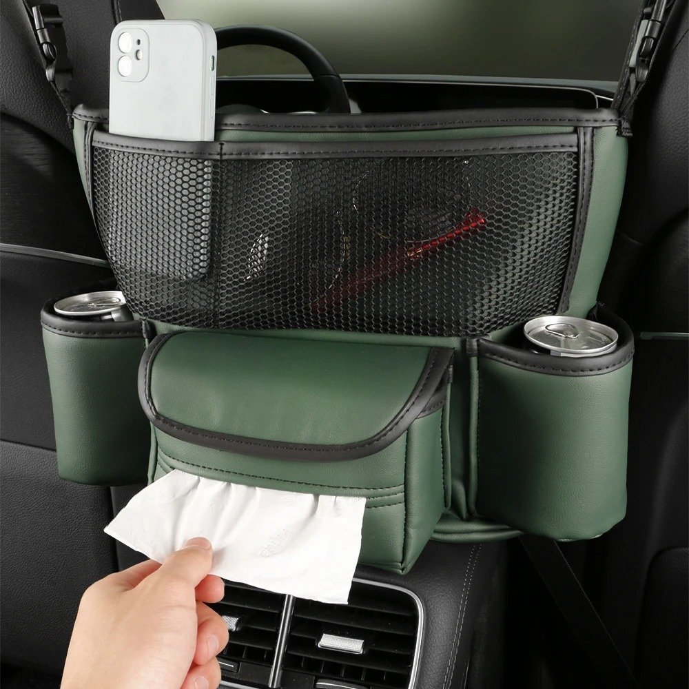 Sac de rangement en cuir pour siège de voiture, cintre central, sac à main automatique, support entre les sièges, poches pour gobelets à eau en tissu, évaluation de rangement - الصورة 5