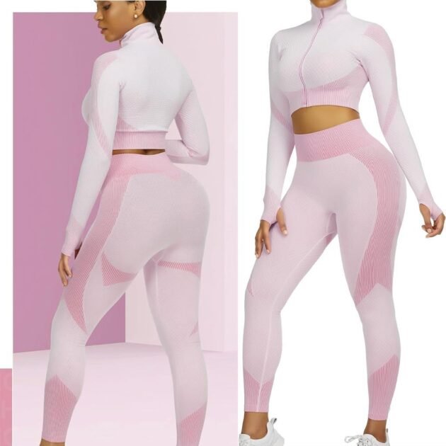 Ensembles d'entraînement pour femmes - Tenue de gymnastique sans couture à 2 pièces Rose
