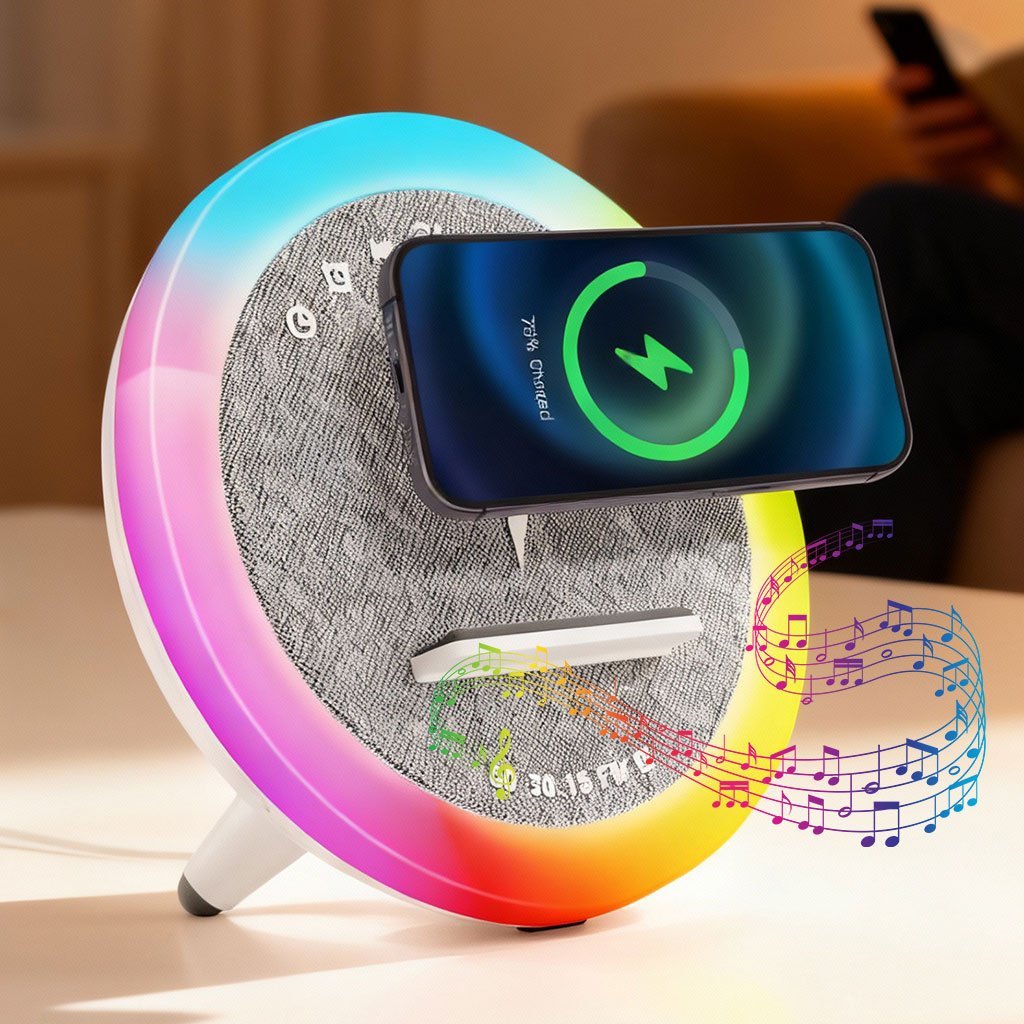 Haut-parleur et Lampe de Chevet avec Lumière d’ambiance RGB et Chargeur Induction 15W – مكبر صوت وشاحن لاسلكي مع إضاءة ملونة