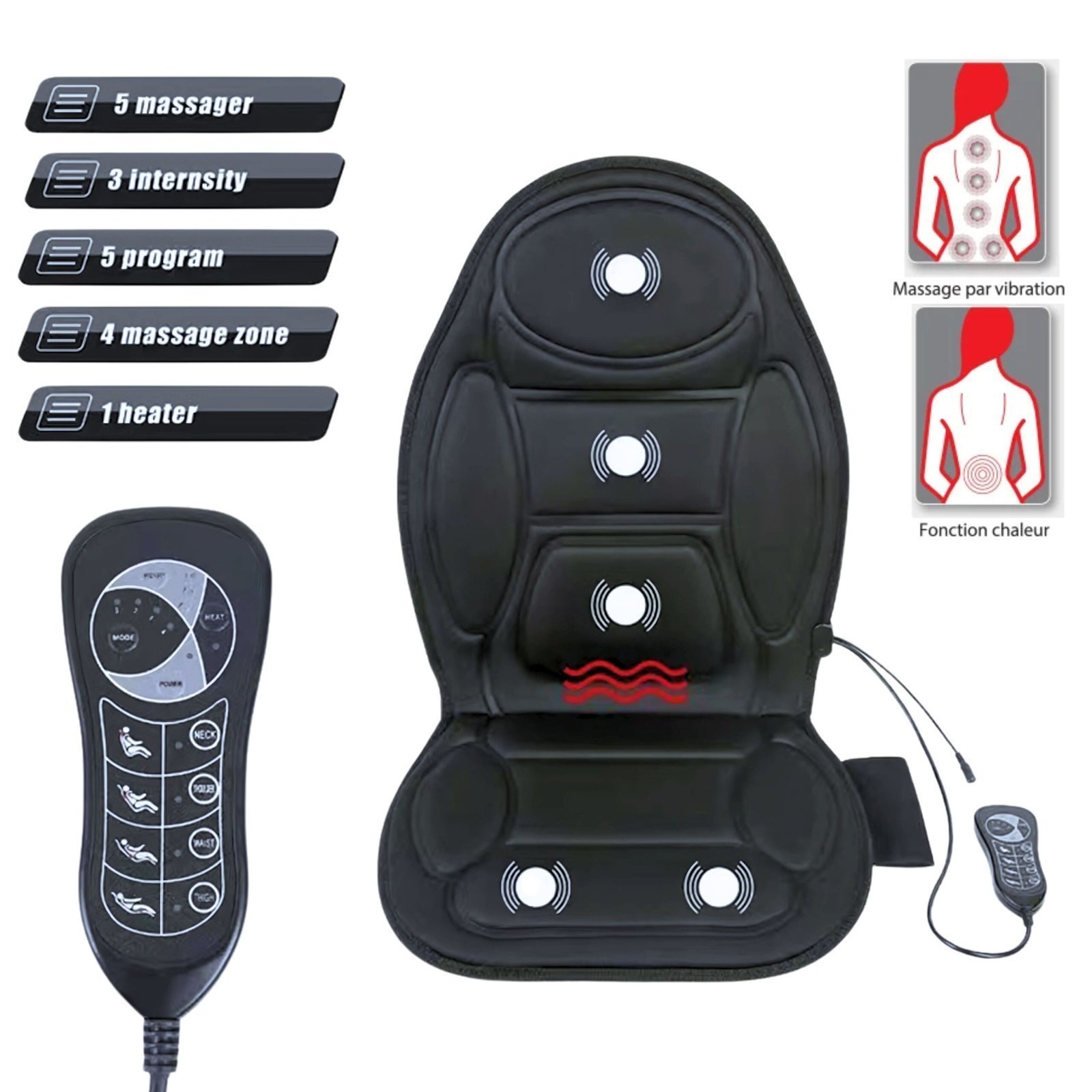 Siège De Massage Auto et Maison avec 5 Modes Vibrations et Coussin Memory Foam