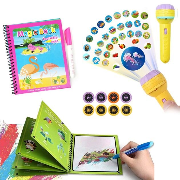 Pack Magic Book réutilisable avec des dessins animés  + Projecteur enfants compacte 24 motifs