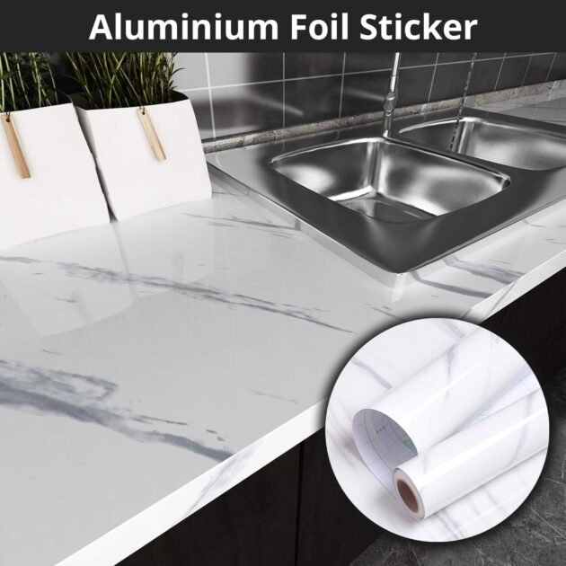 Papier Peint Adhésif en Aluminium pour Cuisine Anti-Chaleur, Anti-Huile Motif Marbré - ورق ولاصق ألومنيوم حراري مقاوم للحرارة والزيوت للمطابخ