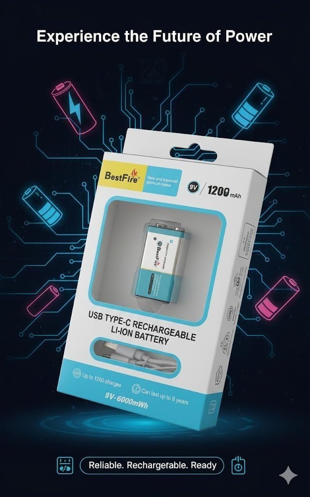 ⁦Pile rechargeable USB type C 9V 1200mWh en lithium BestFire - بطارية ليثيوم قابلة لإعادة الشحن⁩ - الصورة ⁦7⁩