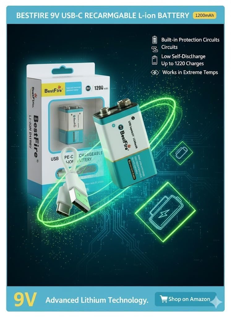⁦Pile rechargeable USB type C 9V 1200mWh en lithium BestFire - بطارية ليثيوم قابلة لإعادة الشحن⁩ - الصورة ⁦8⁩
