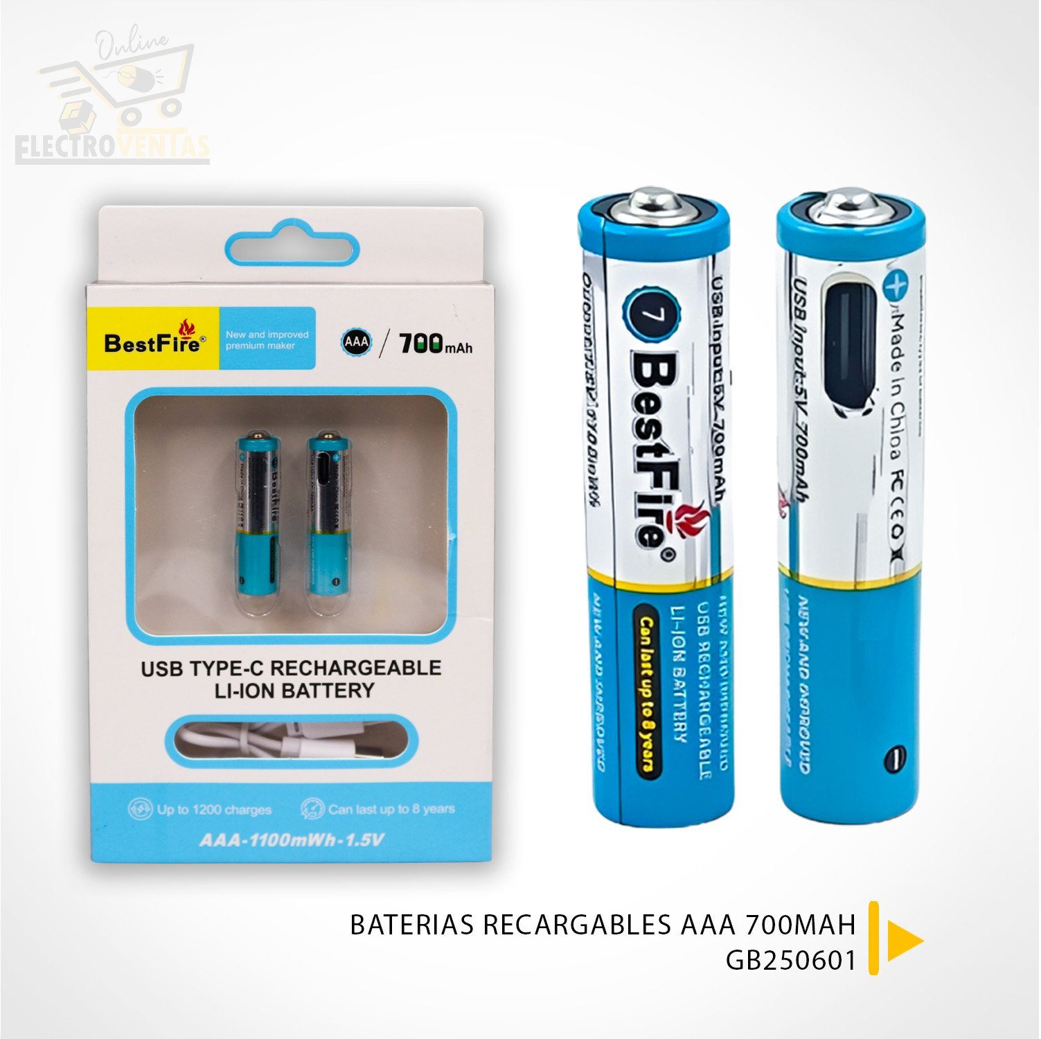 Pile rechargeable USB type C AAA 700mWh en lithium BestFire - بطارية ليثيوم قابلة لإعادة الشحن