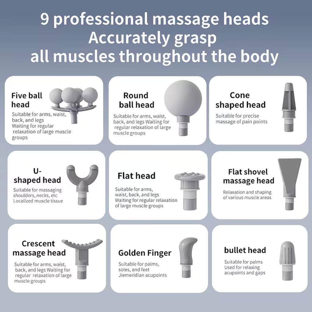 Pistolet de Massage Professionnel avec 9 Têtes Interchangeables pour Relaxation Totale - جهاز تدليك الجسم الاحترافي بـ 9 رؤوس لتدليك الأنسجة العميقة - الصورة 6