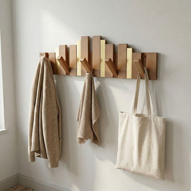 Porte-Manteau Mural Design Piano en Bois avec Touches Dorées - علاقة ملابس خشبية