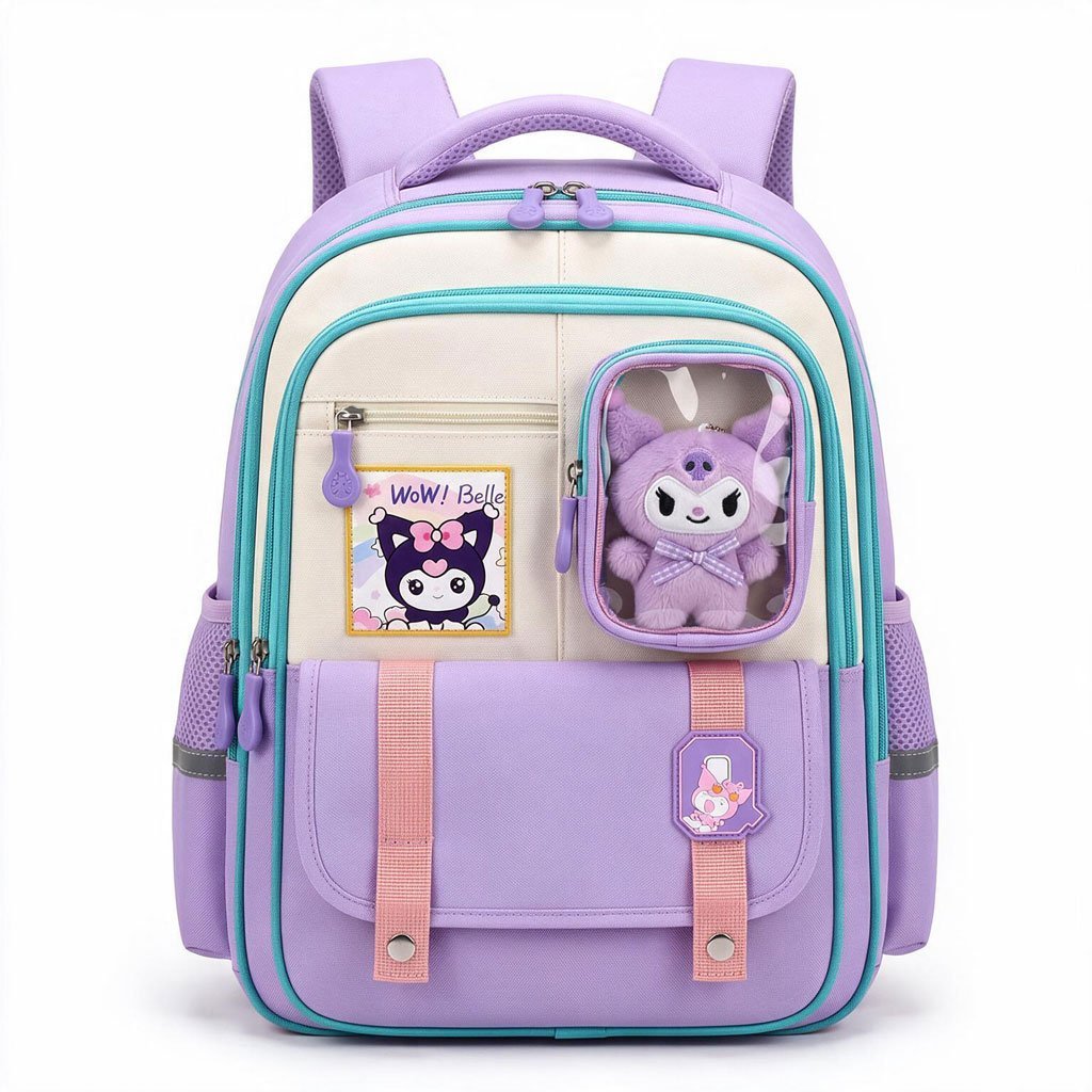 Sac à Dos Scolaire Style Kawaii Grand Volume avec Peluche Incluse Tissu Imperméable Mauve SACKDS04MV - حقيبة مدرسية بتصميم كاوايي