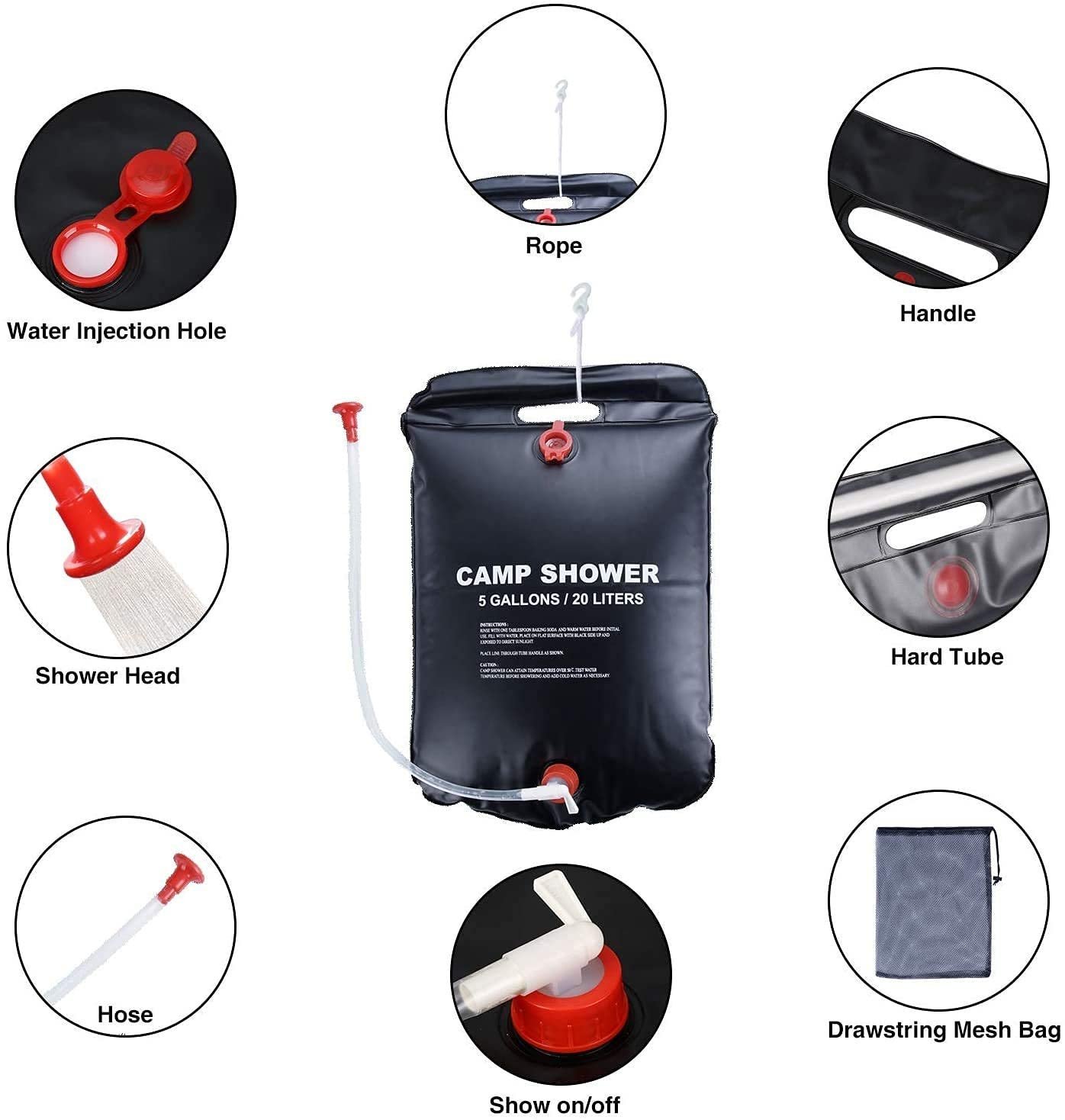 Sac de douche solaire avec pommeau de douche interchangeable 20L - حقيبة الاستحمام الشمسية المحمولة سعة 20 لتر - الصورة 6