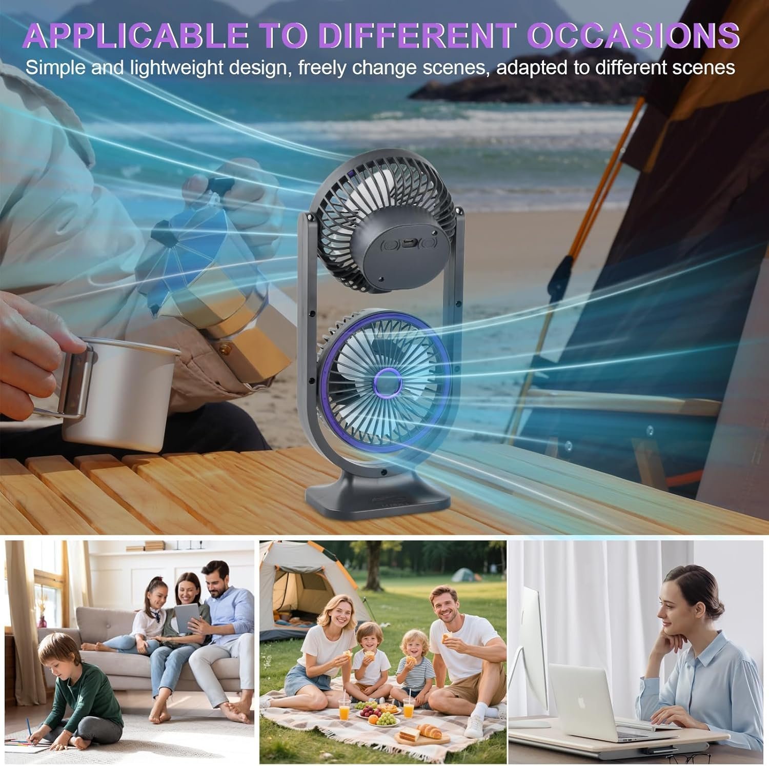 Ventilateur de Bureau Double Tête Rechargeable USB - مروحة المكتب المكتبية المزدوجة بـ 3 سرعات - الصورة 2