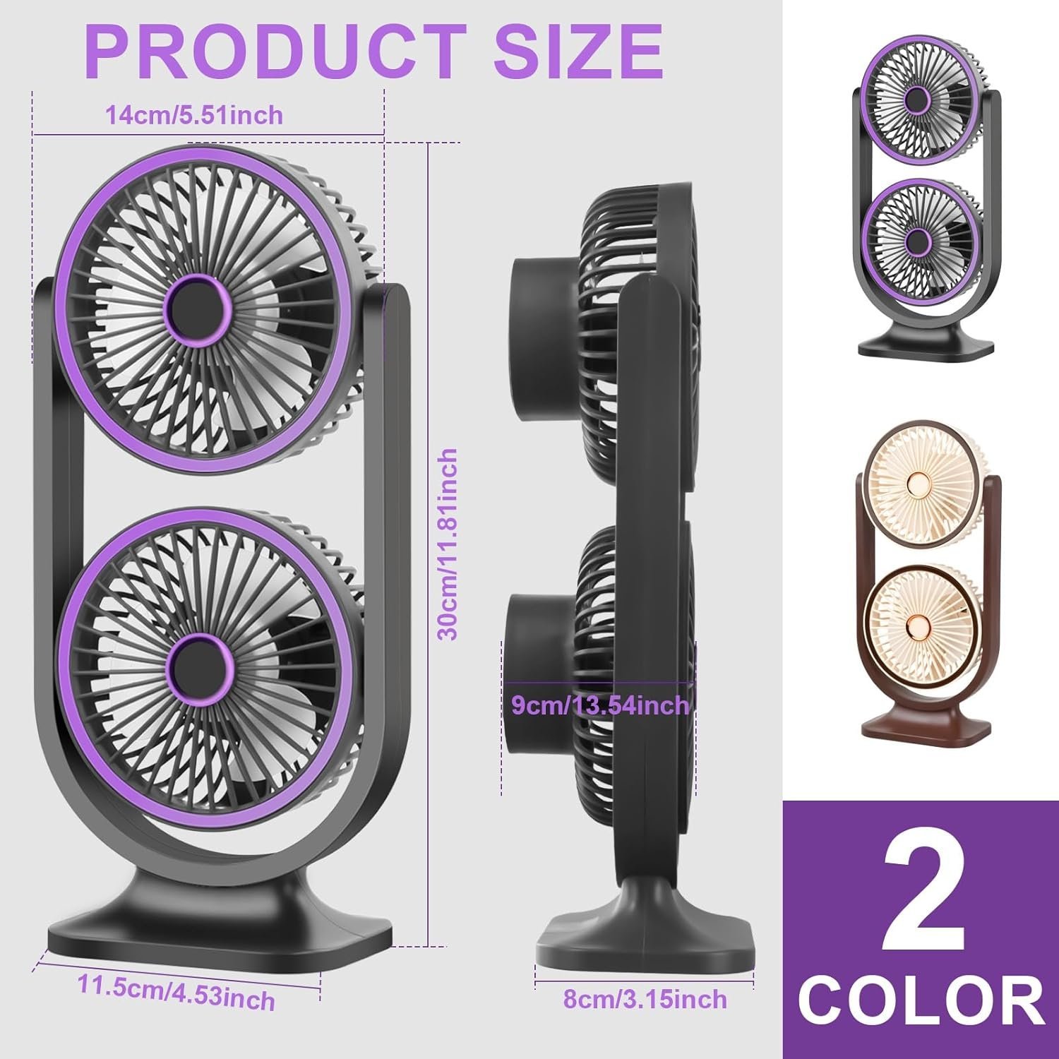 Ventilateur de Bureau Double Tête Rechargeable USB - مروحة المكتب المكتبية المزدوجة بـ 3 سرعات - الصورة 8