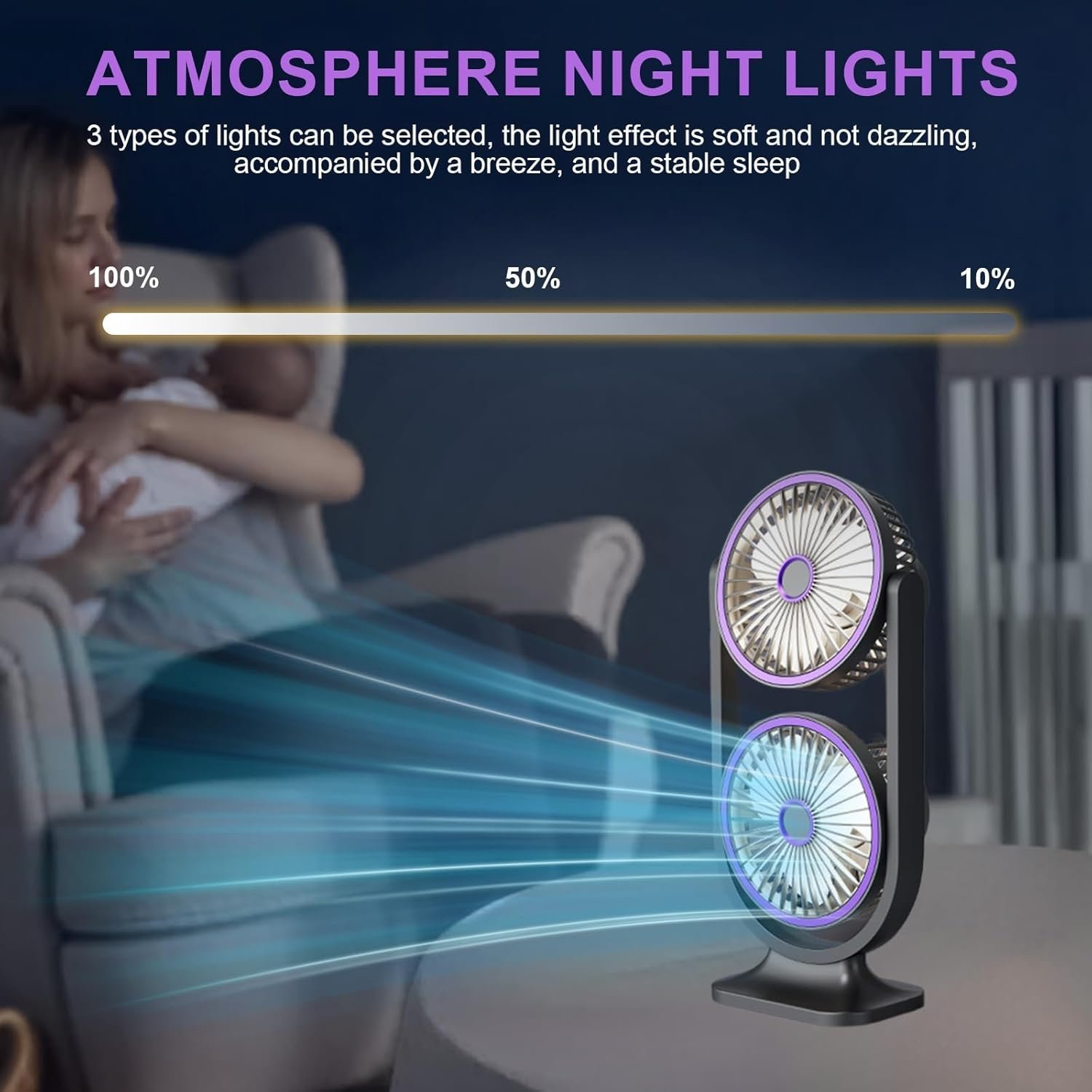 Ventilateur de Bureau Double Tête Rechargeable USB - مروحة المكتب المكتبية المزدوجة بـ 3 سرعات - الصورة 9
