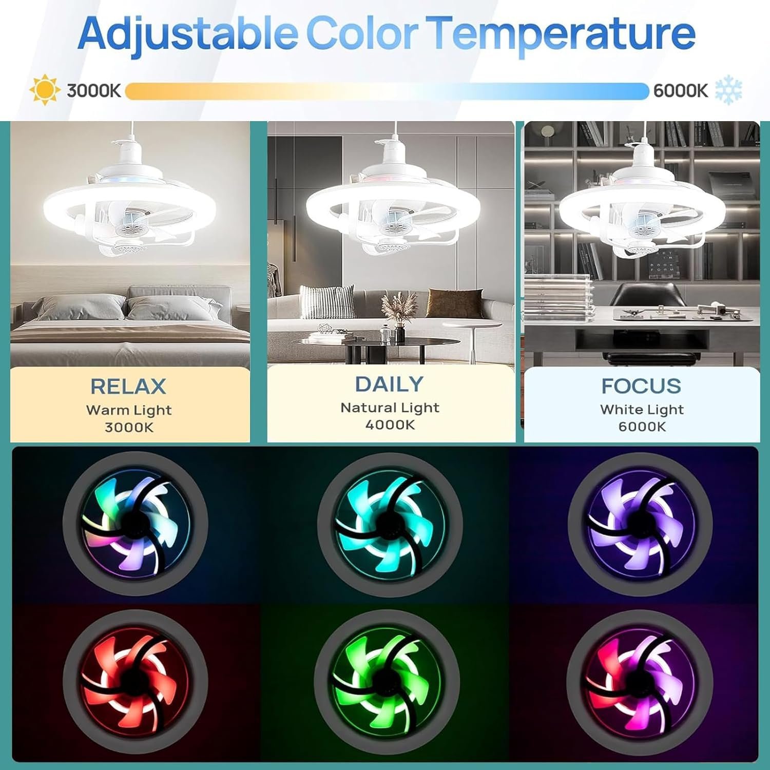 ⁦Ventilateur de Plafond Lumineux E27 avec Éclairage RGB et Télécommande - مروحة السقف الذكية إضاءة ملونة مع ريموت⁩ - الصورة ⁦11⁩