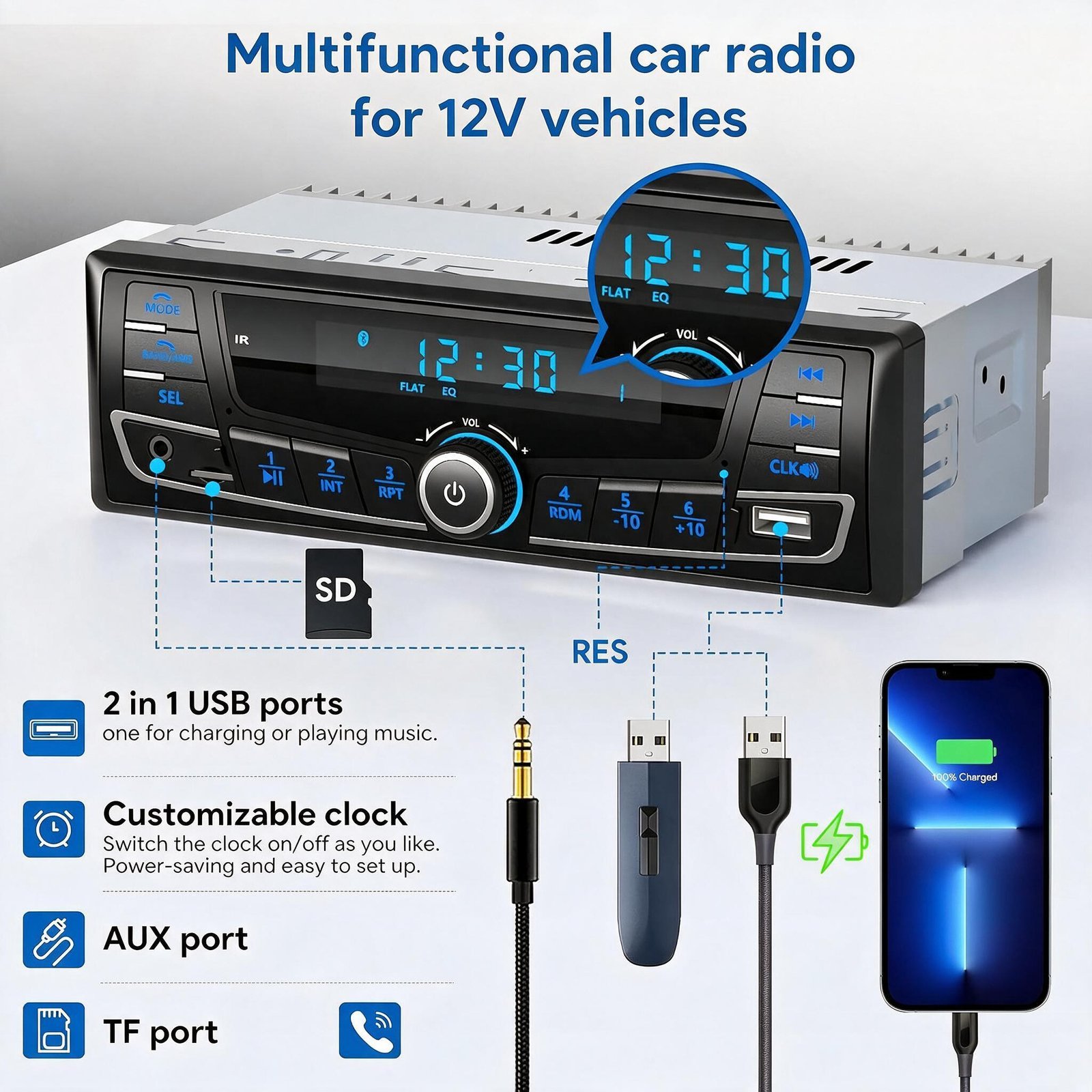 ⁦Autoradio Bluetooth 1-DIN avec Égaliseur DSP et Éclairage 7 Couleurs SP0707 - راديو سيارة بلوتوث مع ميزان صوت وإضاءة 7 ألوان⁩ - الصورة ⁦2⁩