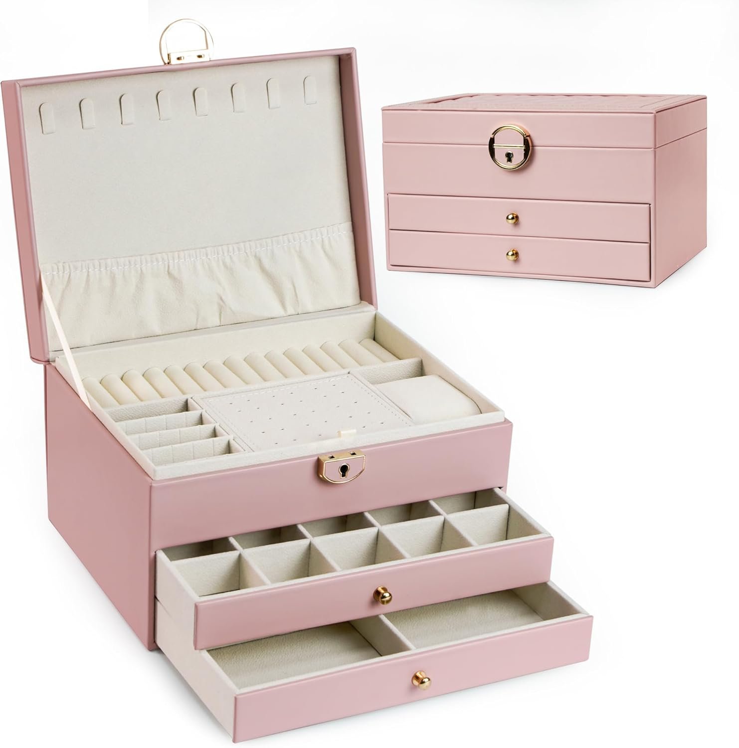 ⁦Boîte à Bijoux 3 Niveaux avec Serrure de Sécurité Doublure Velours Pour Bagues, Colliers et Bracelets - صندوق تنظيم وحفظ المجوهرات بثلاث طبقات⁩ - الصورة ⁦3⁩
