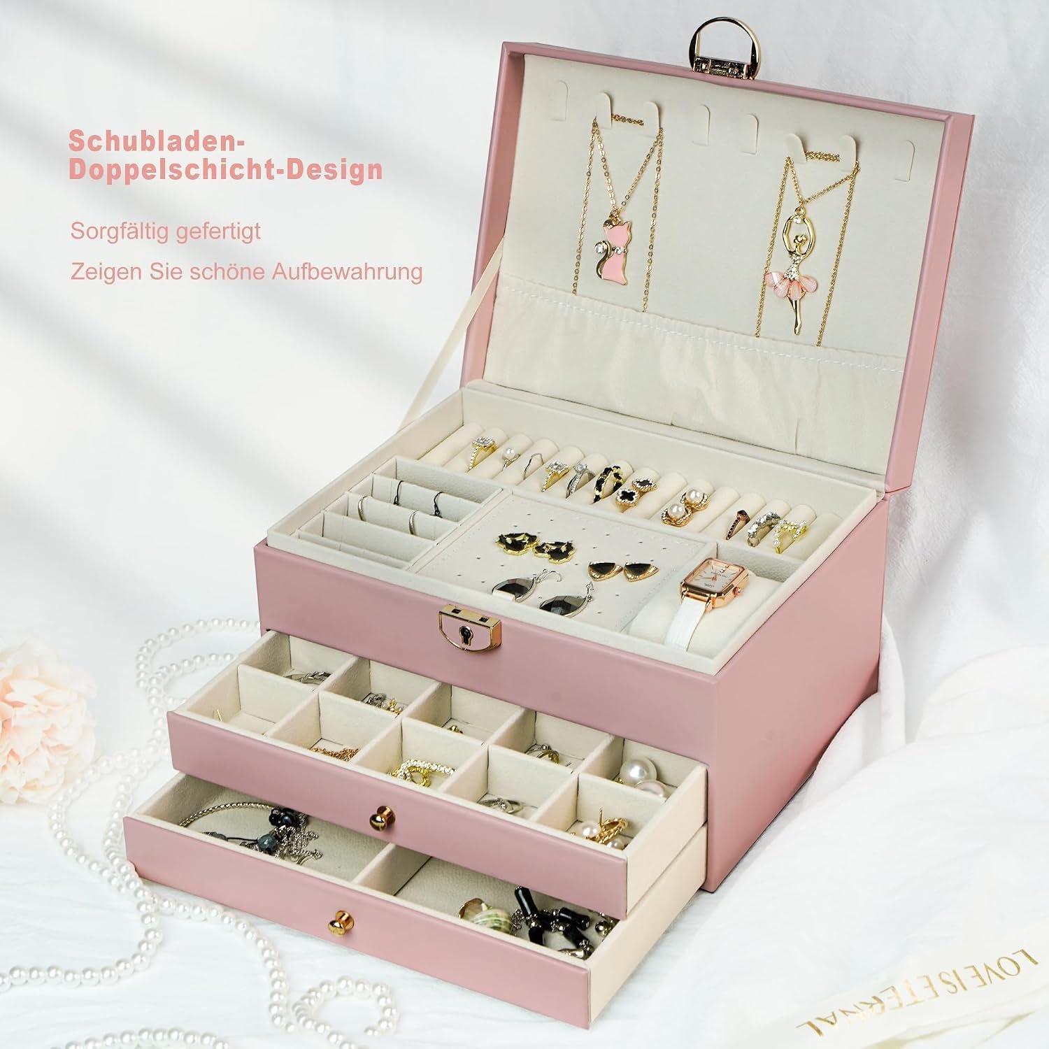 ⁦Boîte à Bijoux 3 Niveaux avec Serrure de Sécurité Doublure Velours Pour Bagues, Colliers et Bracelets - صندوق تنظيم وحفظ المجوهرات بثلاث طبقات⁩ - الصورة ⁦4⁩