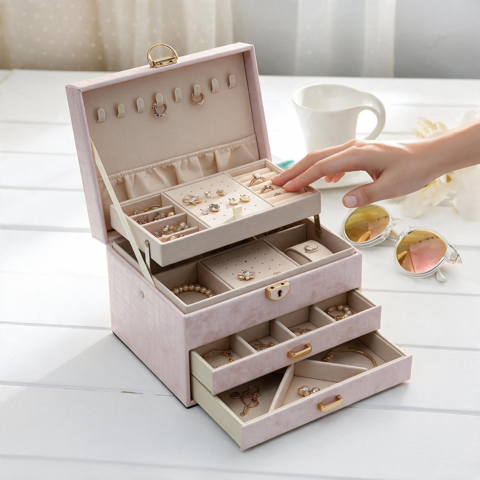 ⁦Boîte à Bijoux 3 Niveaux avec Serrure de Sécurité Doublure Velours Pour Bagues, Colliers et Bracelets - صندوق تنظيم وحفظ المجوهرات بثلاث طبقات⁩ - الصورة ⁦9⁩