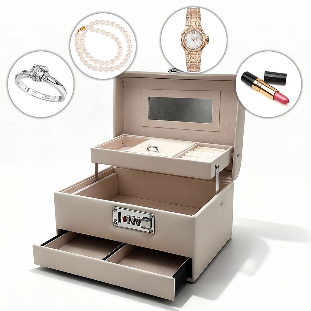 ⁦Boîte à Bijoux Élégante avec Miroir et Serrure Tiroir Coulissant et Compartiments Multiples - صندوق تنظيم وحفظ المجوهرات الأنيق مع مرآة وقفل أمان⁩ - الصورة ⁦2⁩