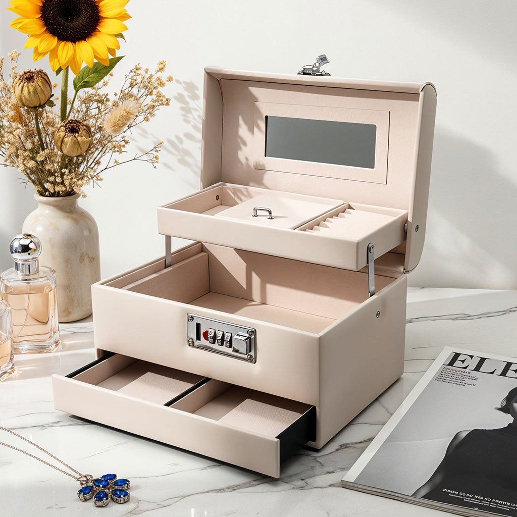 ⁦Boîte à Bijoux Élégante avec Miroir et Serrure Tiroir Coulissant et Compartiments Multiples - صندوق تنظيم وحفظ المجوهرات الأنيق مع مرآة وقفل أمان⁩ - الصورة ⁦3⁩
