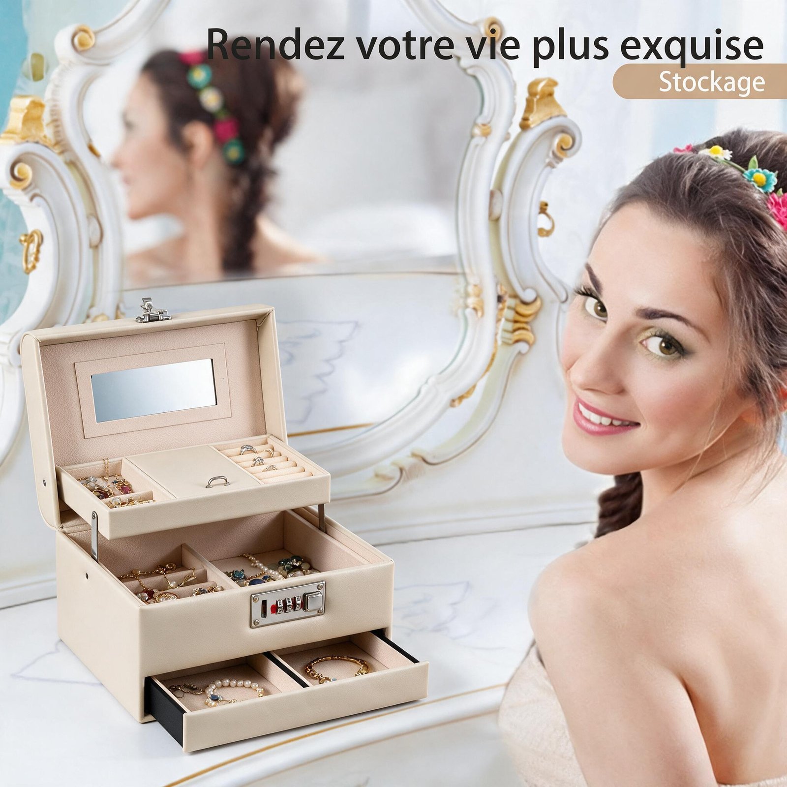 ⁦Boîte à Bijoux Élégante avec Miroir et Serrure Tiroir Coulissant et Compartiments Multiples - صندوق تنظيم وحفظ المجوهرات الأنيق مع مرآة وقفل أمان⁩ - الصورة ⁦4⁩