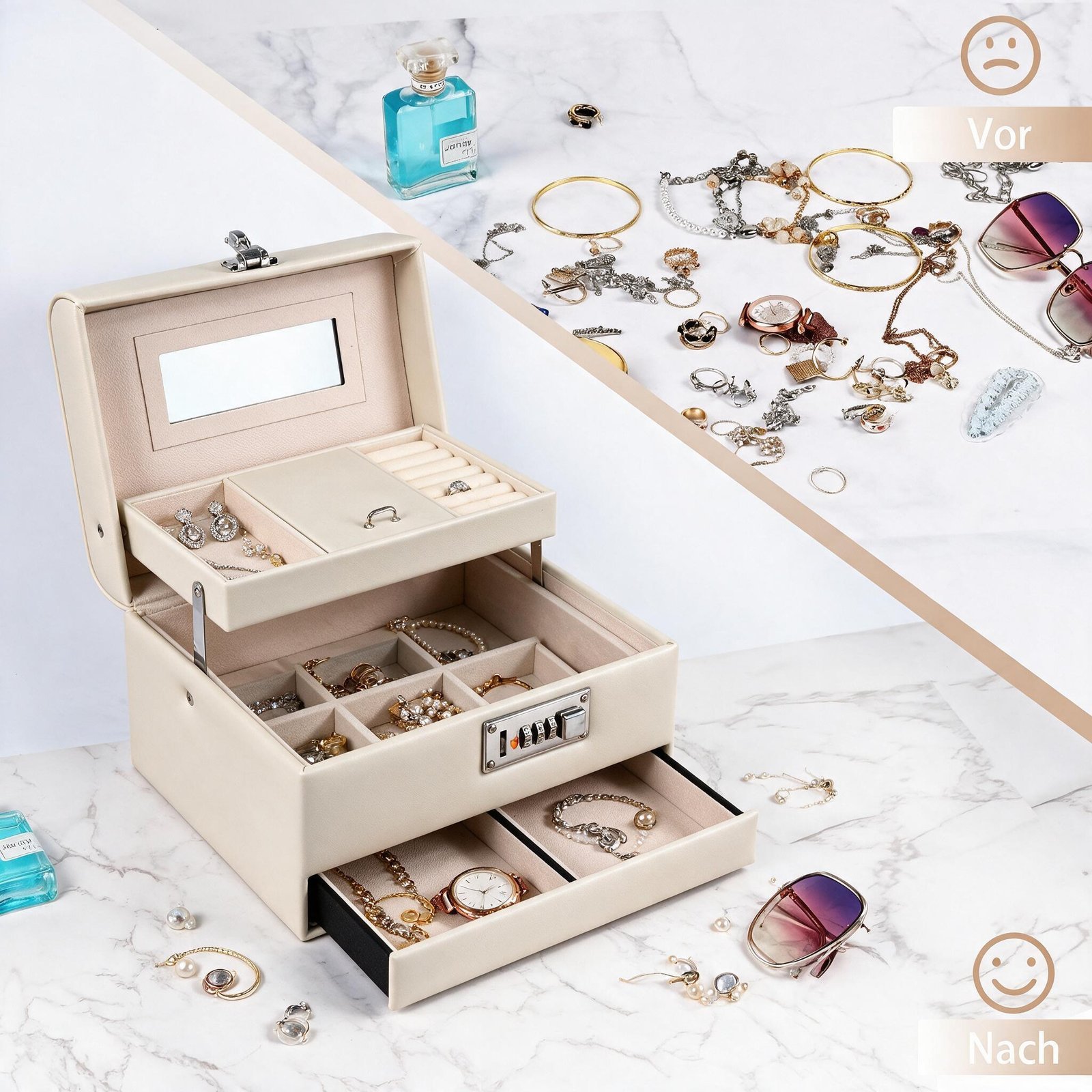 ⁦Boîte à Bijoux Élégante avec Miroir et Serrure Tiroir Coulissant et Compartiments Multiples - صندوق تنظيم وحفظ المجوهرات الأنيق مع مرآة وقفل أمان⁩ - الصورة ⁦5⁩