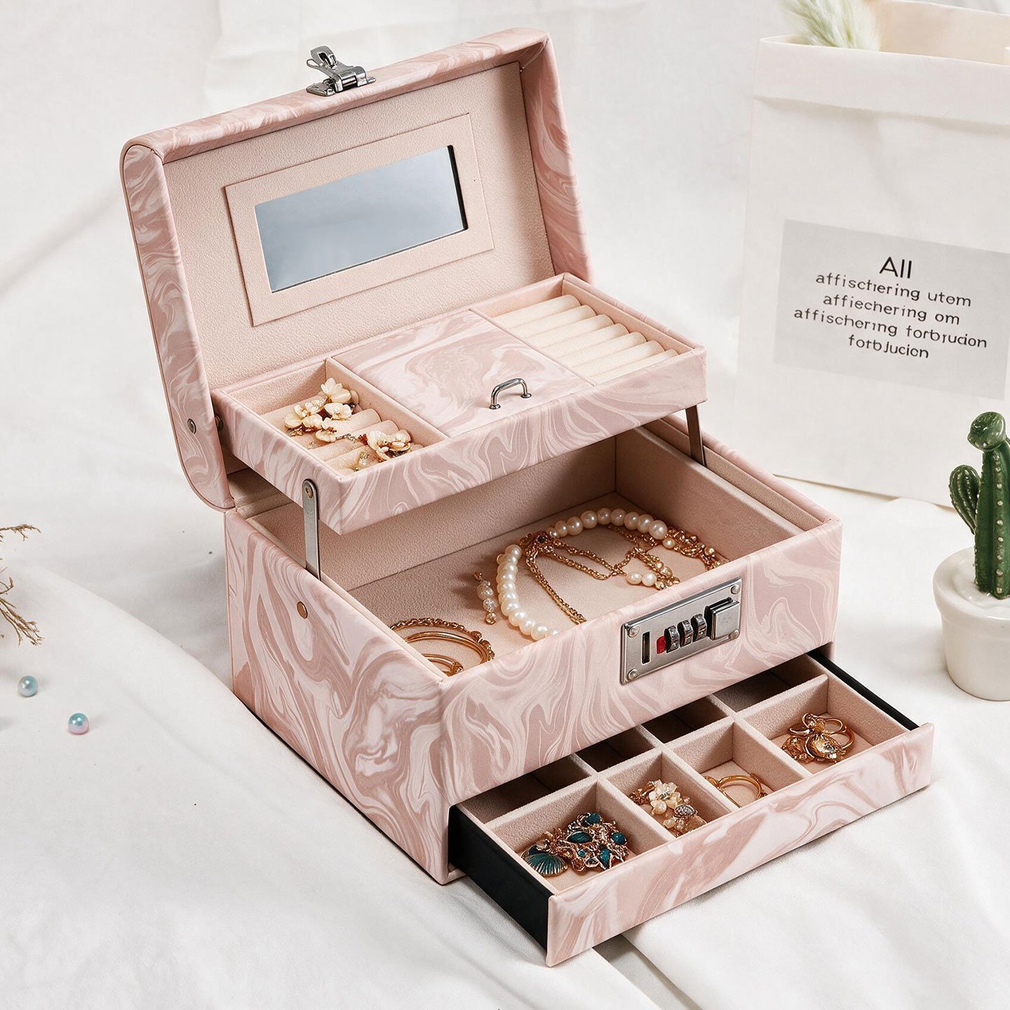 ⁦Boîte à Bijoux Élégante avec Miroir et Serrure Tiroir Coulissant et Compartiments Multiples - صندوق تنظيم وحفظ المجوهرات الأنيق مع مرآة وقفل أمان⁩ - الصورة ⁦7⁩