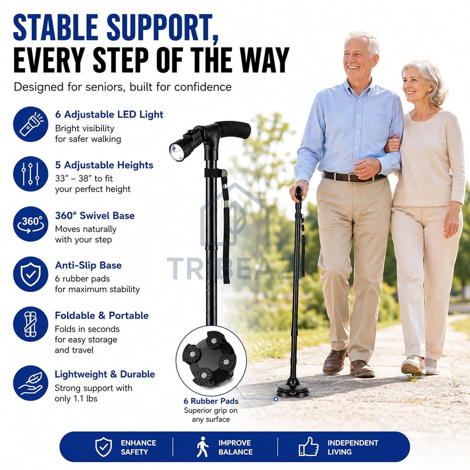 Canne de Marche Pliable avec Lampe LED Base Pivotante Quadruple Hauteur Réglable - عصا المشي القابلة للطي المزودة بإضاءة وقاعدة رباعية ثنائية التوازن - الصورة 10