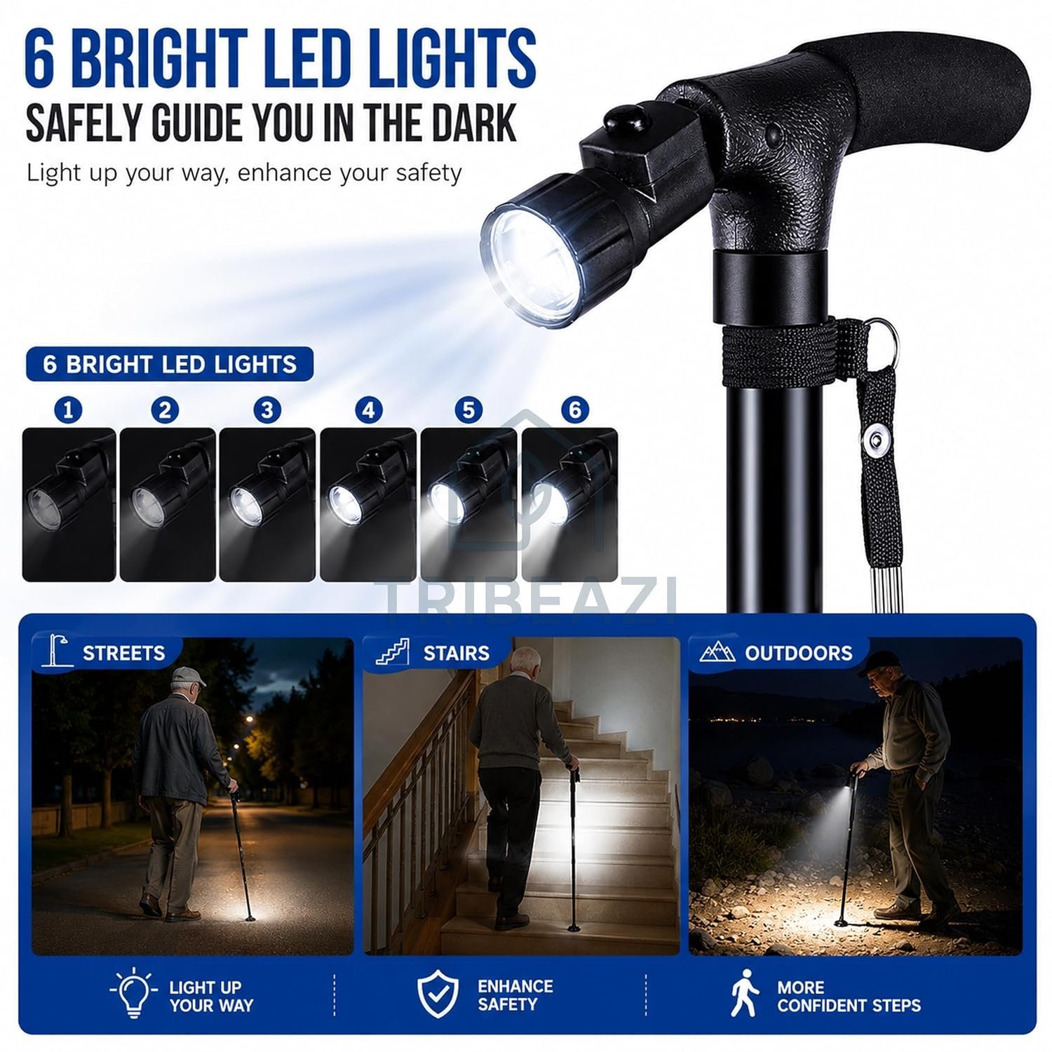 Canne de Marche Pliable avec Lampe LED Base Pivotante Quadruple Hauteur Réglable - عصا المشي القابلة للطي المزودة بإضاءة وقاعدة رباعية ثنائية التوازن - الصورة 11