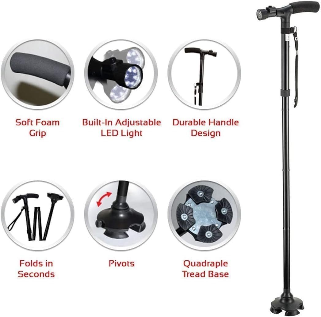 Canne de Marche Pliable avec Lampe LED Base Pivotante Quadruple Hauteur Réglable - عصا المشي القابلة للطي المزودة بإضاءة وقاعدة رباعية ثنائية التوازن - الصورة 2